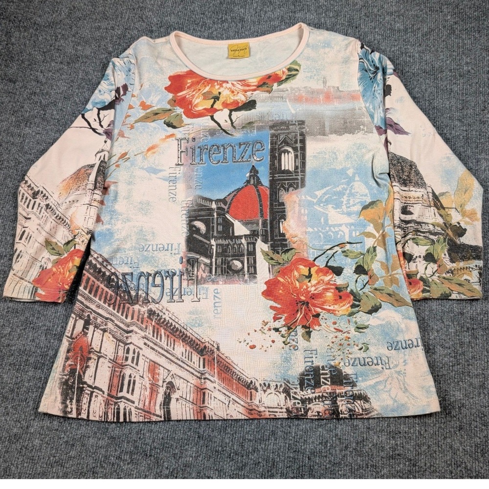 Vintage Katina Marie Top L Rhinestones Firenze Italy Floral Cotton Made in USA